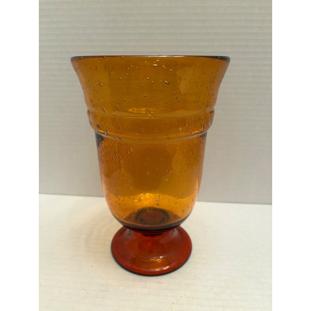 Vintage Amber Seed Glass Footed Vase Large Hand Blown Bubble Glass